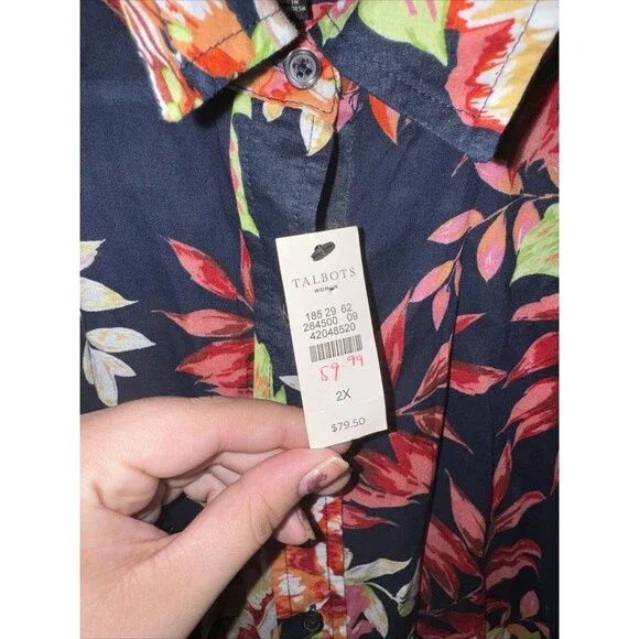 NWT Talbots Womens Navy Blue Floral Button Up Blouse Size 2X - Picture 4 of 7